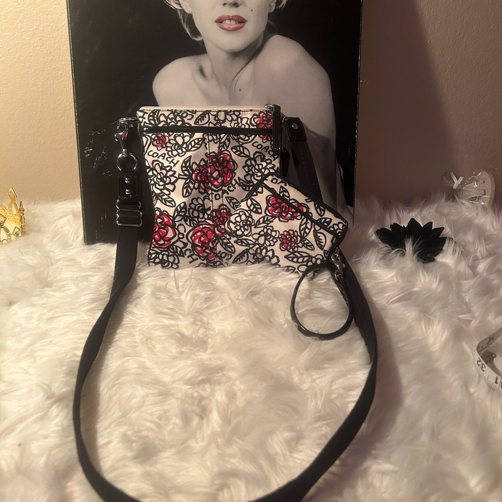 Coach Black and Red Floral Crossbody Bag
